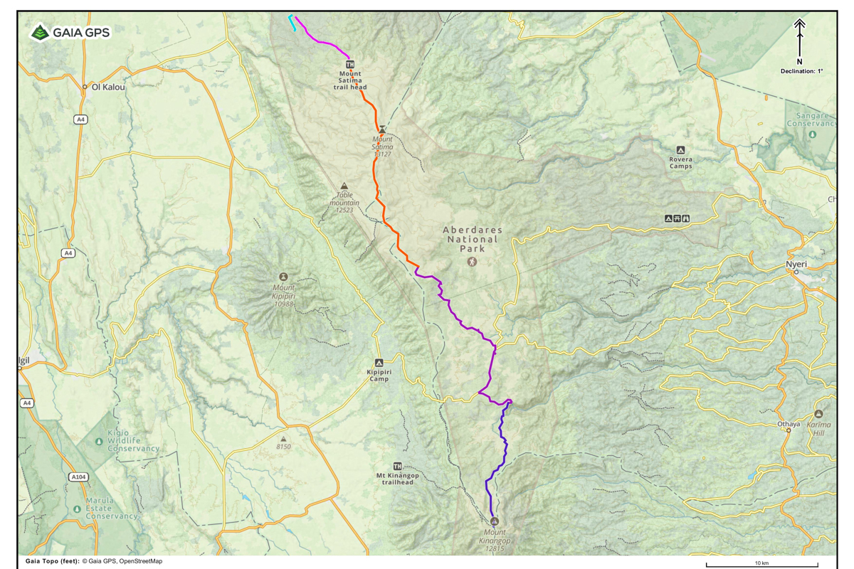 Digital map showing the 100 kilometer route across Aberdare National Park.