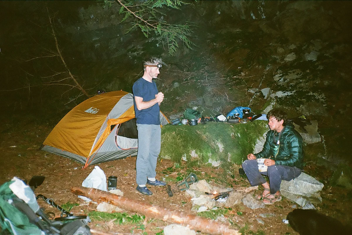A remote base camp set up in the forest for a relic hunting expedition.