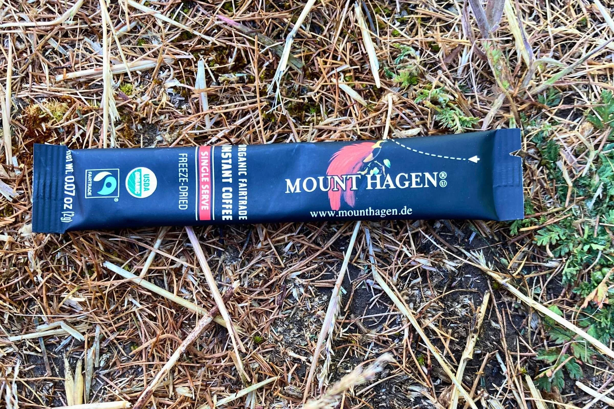 A jar or packet of Mount Hagen Organic instant coffee sticks.