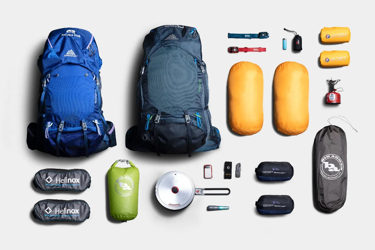 A complete Xscape Pod backpacking gear rental kit laid out neatly.