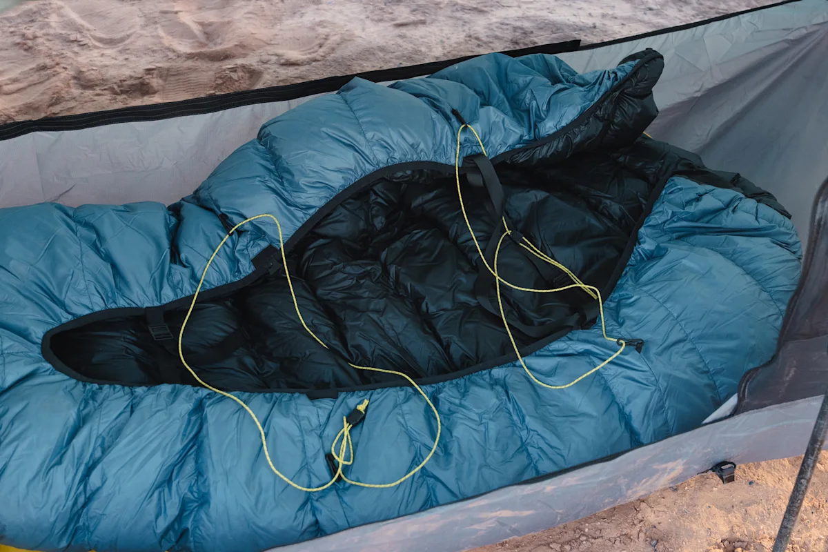 A Katabatic Alsek quilt showing its high-loft baffles and technical fabric.