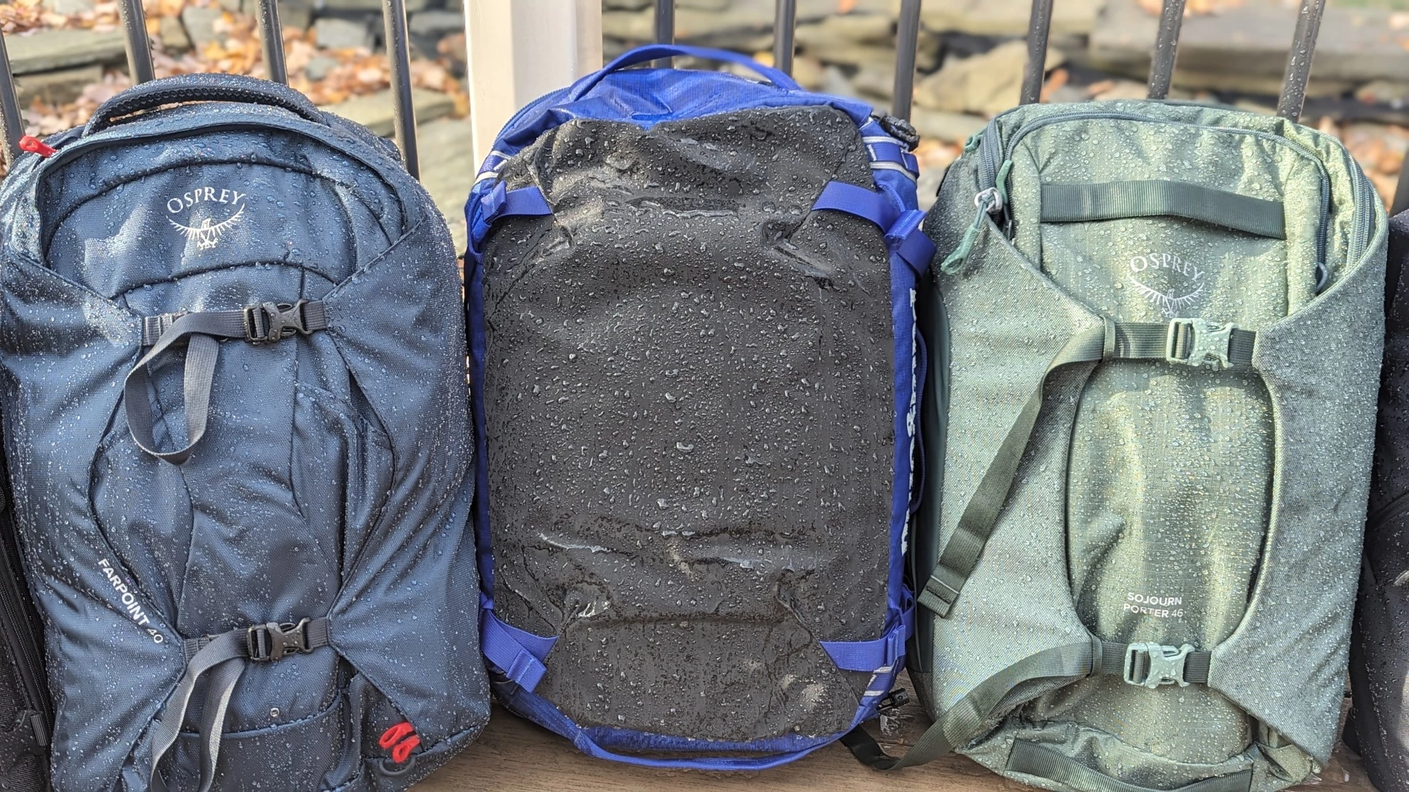 Detailed view of water-resistant fabric and reinforced zippers on a travel bag.