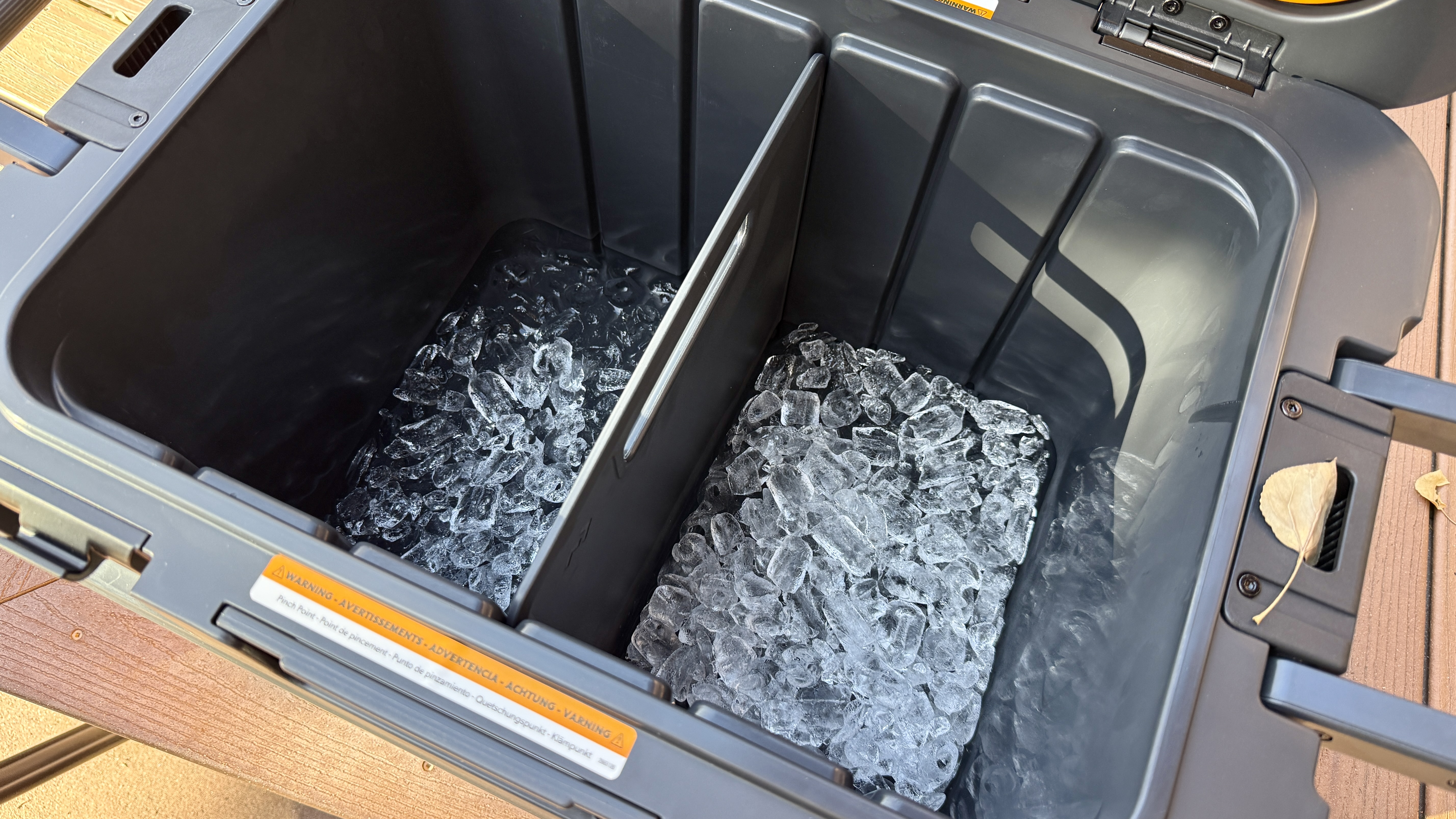 Inside view of the cooler showing large chunks of ice remaining after a multi-day test cycle.