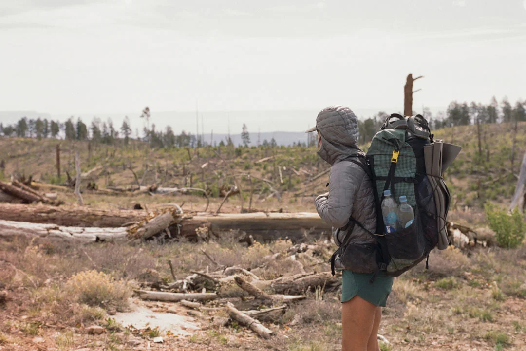 A backpacker trekking along the Arizona Trail with a full gear setup.