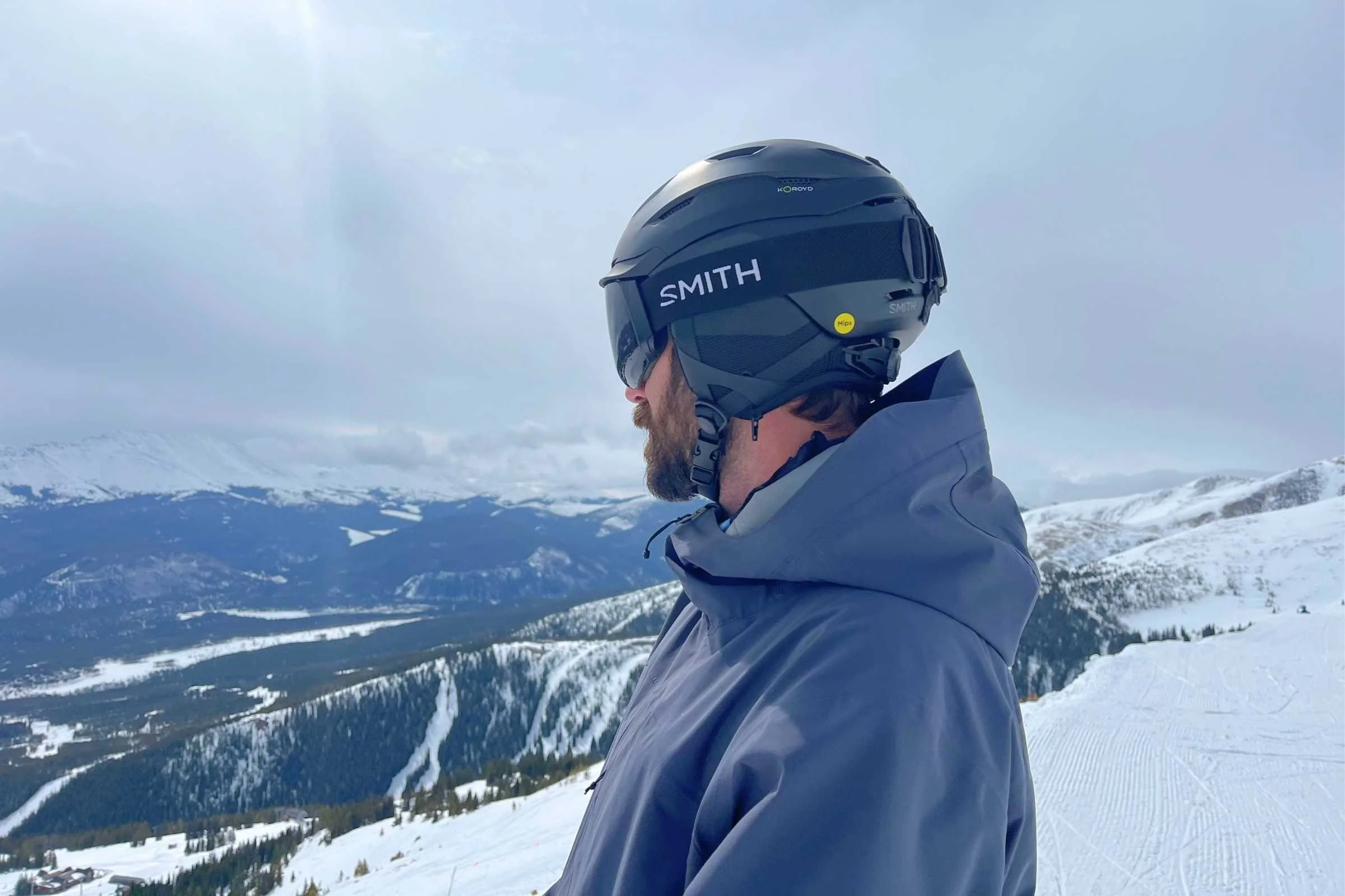 Close-up of a Smith Level helmet paired perfectly with Smith 4D Mag goggles.