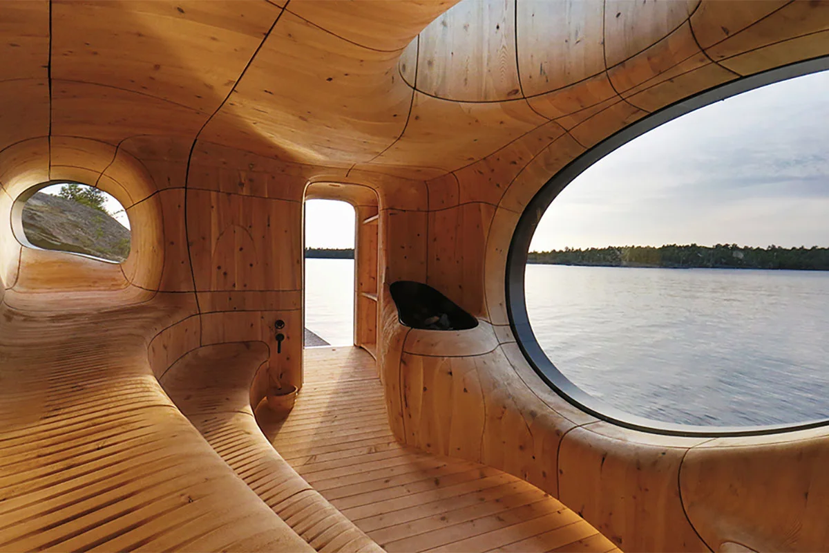 Minimalist and warm interior of a traditional wooden sauna.