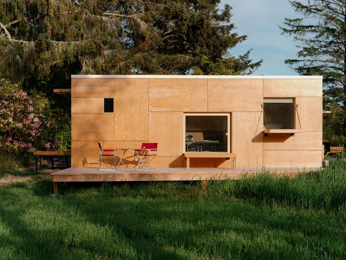 Close-up of a Kengo Kuma-designed Jyubako micro-cabin at Snow Peak Campfield.