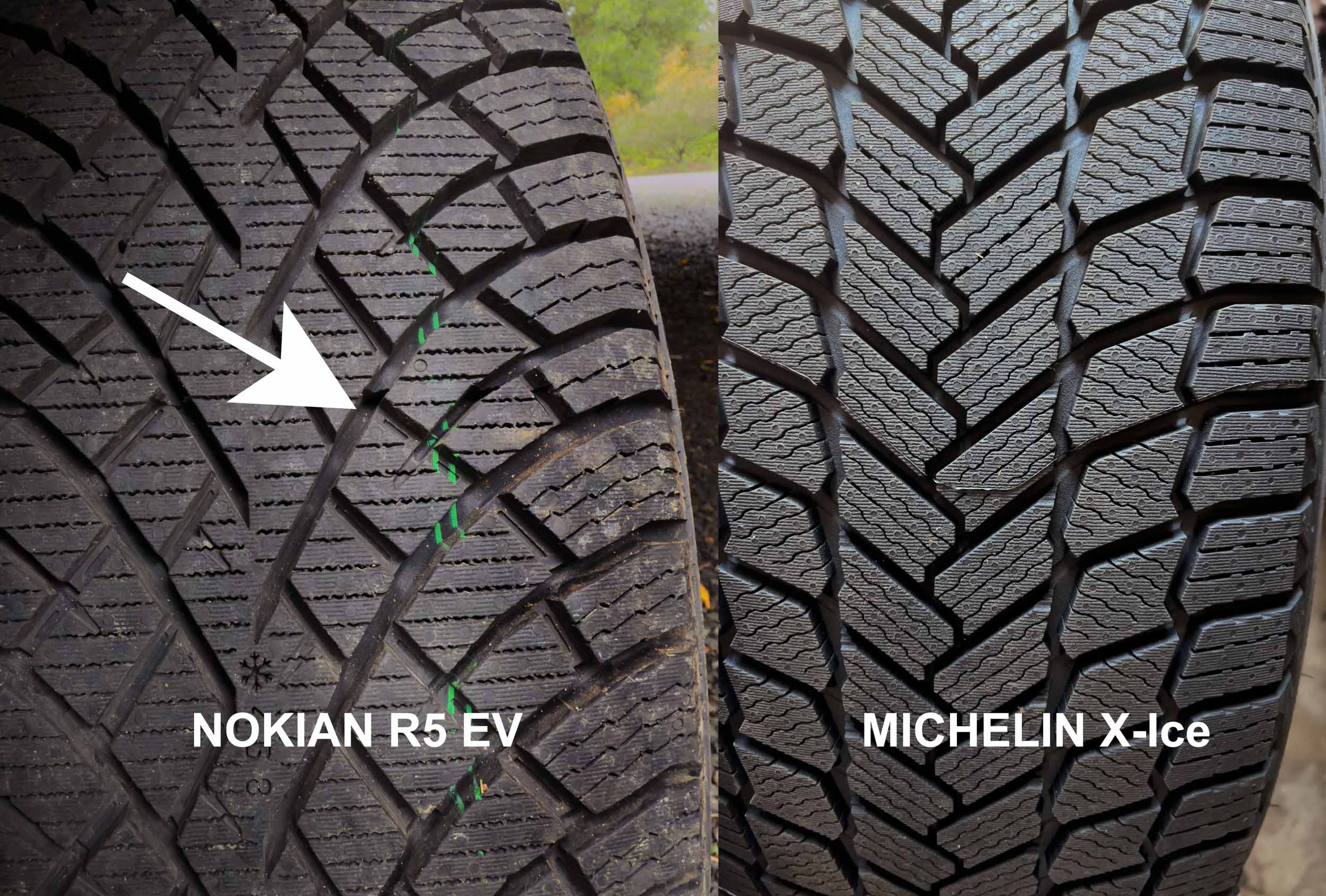 Top-down view of the Nokian R5 EV tread pattern showing dense siping and many tread blocks.