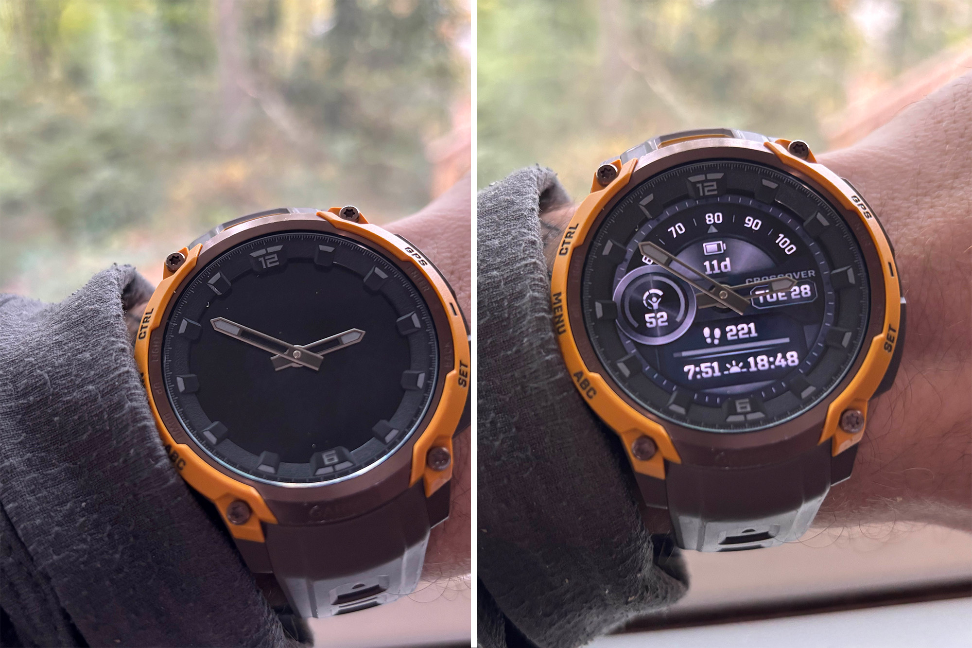 Side-by-side comparison of the Garmin Instinct Crossover in analog mode and with the digital AMOLED display active.