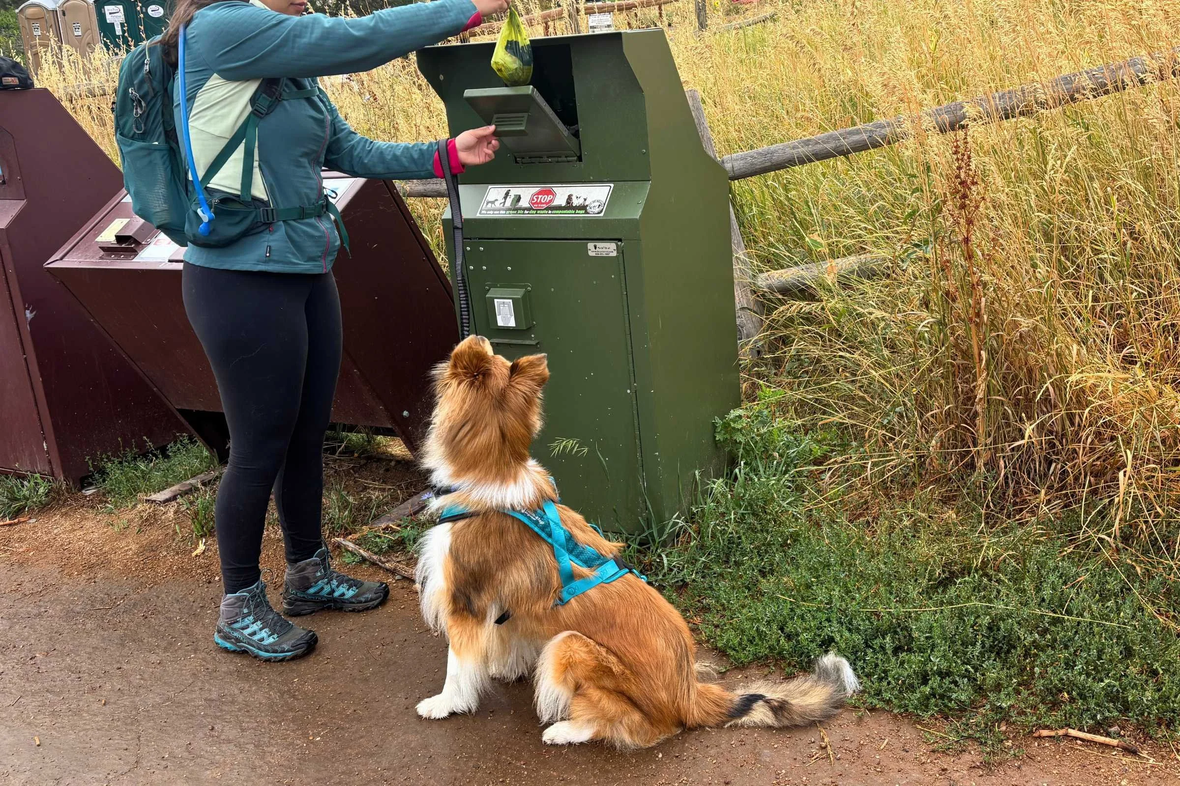 A close up of a hiker carrying used waste bags to be disposed of off-trail.
