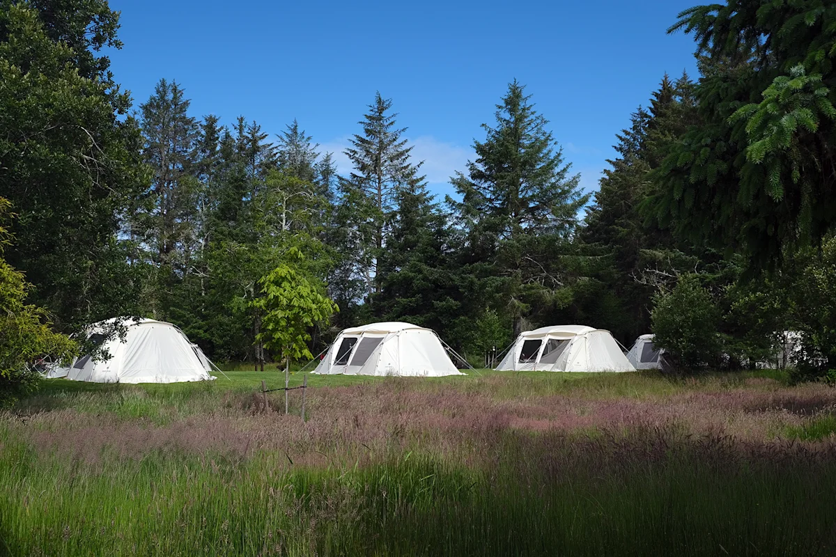 A Snow Peak Tent Suite set up with quality camping furniture and gear.