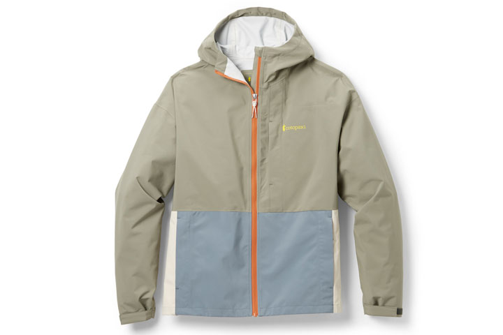 A vibrant yellow and blue Cotopaxi Cielo rain jacket displayed against a neutral background.