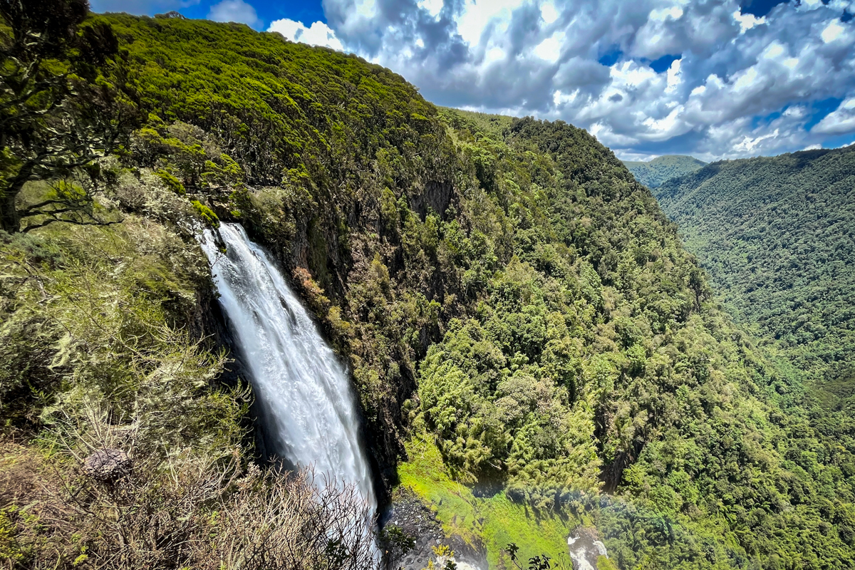 The powerful first tier of Karuru Falls cascading down a cliff.