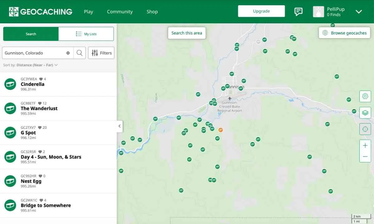 A screenshot of local geocaches displayed on the Garmin eTrex Solar interface.