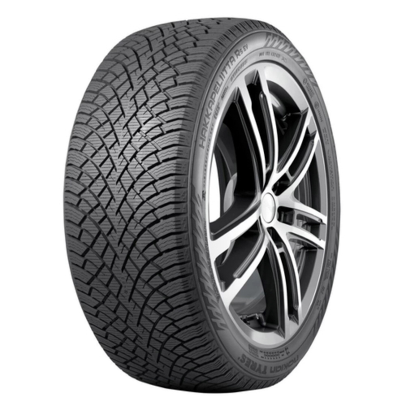 Side profile and tread view of a clean Nokian Hakkapeliitta R5 EV tire.