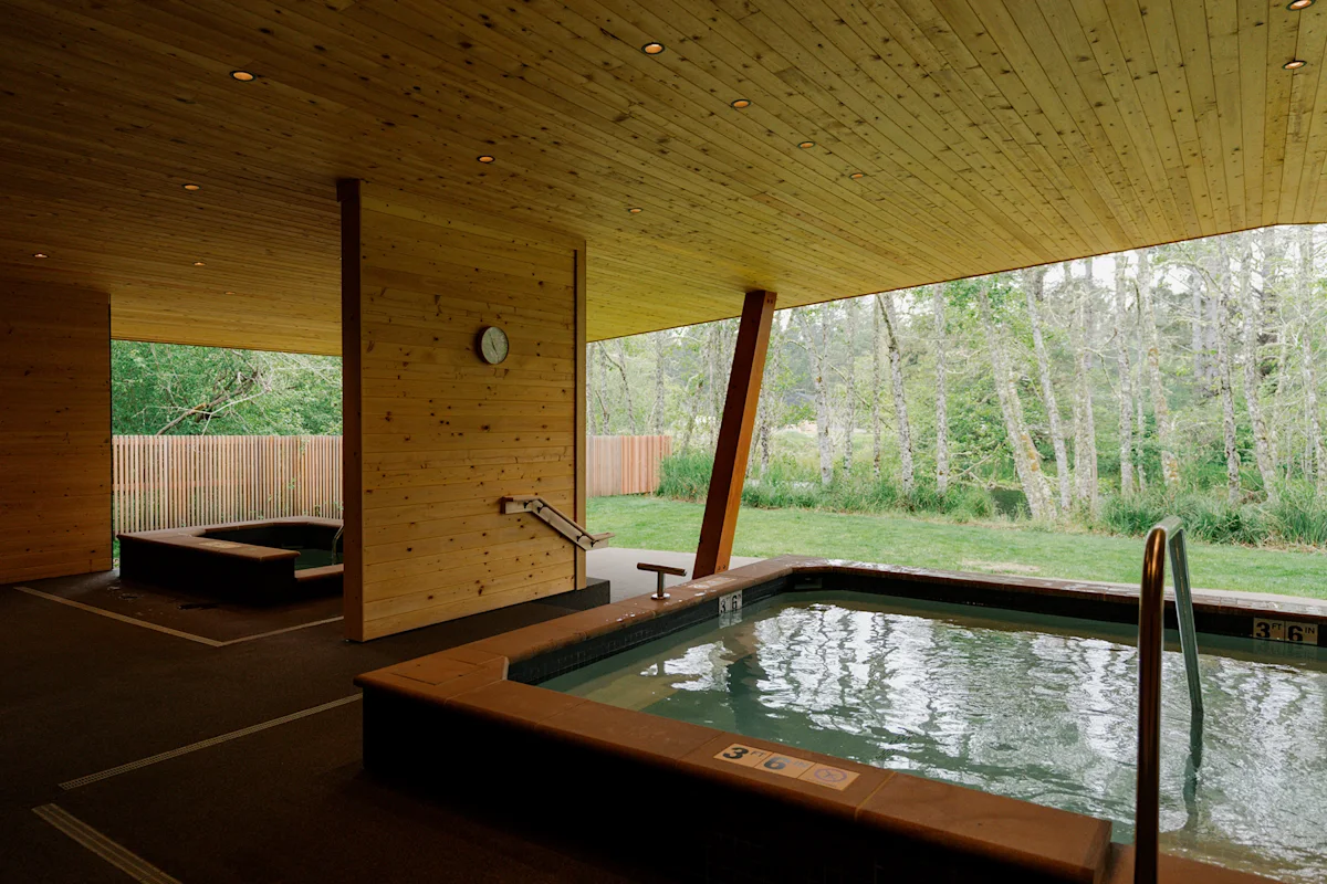 The serene indoor onsen-style soaking pool at the Ofuro Spa.