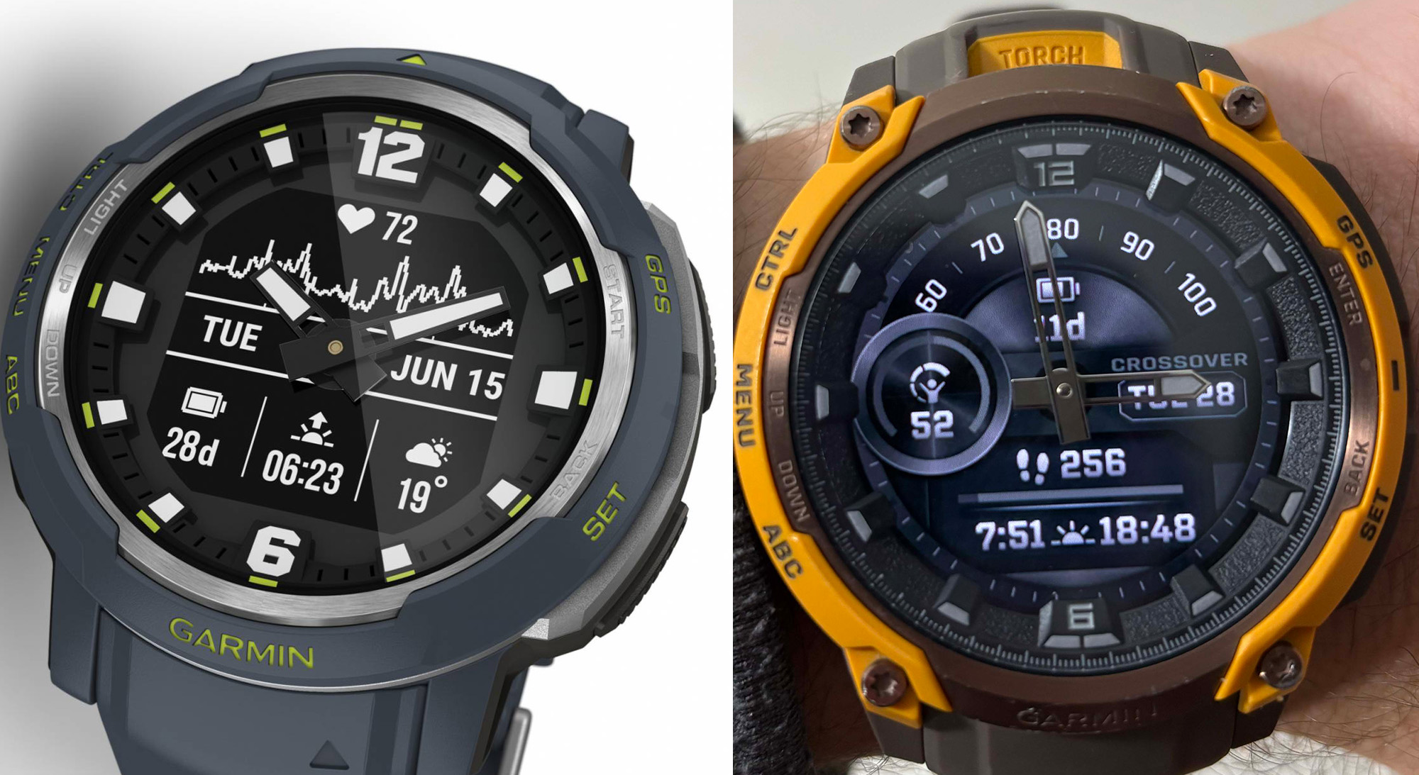 A comparison showing the Garmin Instinct Crossover MIP screen on the left and the AMOLED version on the right.