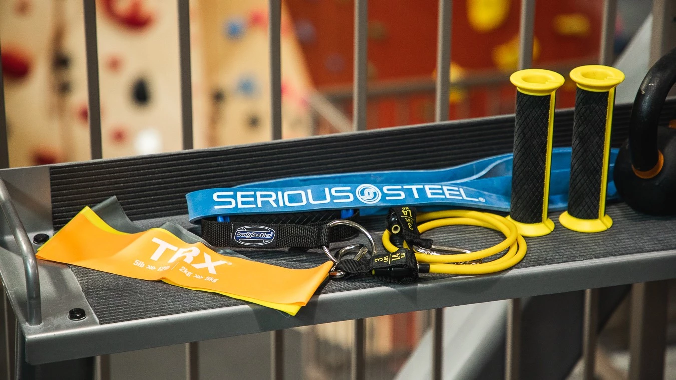Resistance bands being used in a versatile workout setting.