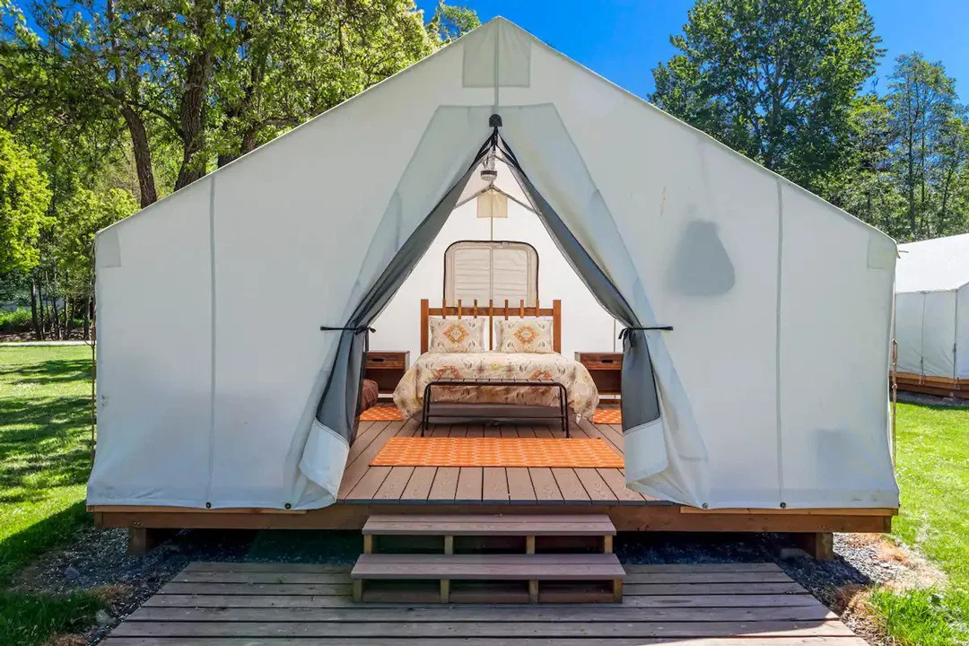 A glamping tent at West Beach Resort on the shore of Orcas Island.